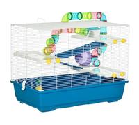 PawHut Jaula para Hámster Grande 79x46x60 cm Casa para Hámster con 3 Plataformas Tubos Comedero Bebedero 3 Rampas Rueda de Ejercicio y 2 Asas Portátiles Azul y Blanco