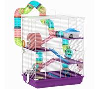 PawHut Jaula para hámster roedor 4 pisos con túneles comedero rueda casita escaleras 46x30x58 cm Violeta