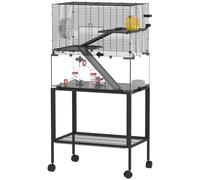 PawHut Jaula para hámsters, recinto para pequeños animales de 3 niveles, rueda, caseta, plataformas, rampas, comedero, botella de agua, accesorios, acero, plástico, negro