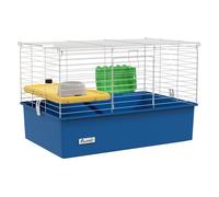 PawHut Jaula para Hurones con Bandeja Inferior Jaula para Animales Pequeños con Plataforma con Rampa Comedero y Bebedero Recinto para Conejos Pequeños Chinchillas Cobayas 71x46x47 cm Blanco y Azul