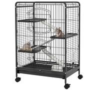 PawHut Jaula para Hurones Jaula para Animales Pequeños con Ruedas Rampa Cuenco Botella de Agua y Bandeja Extraíble Recinto para Conejos Chinchillas 61,5x44x95 cm Negro