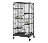 PawHut Jaula para Hurones Jaula para Animales Pequeños con Ruedas Rampa Cuenco Botella de Agua y Bandeja Extraíble Recinto para Conejos Chinchillas 61,5x44x131 cm Negro