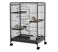 PawHut Jaula para Hurones Jaula para Animales Pequeños con Ruedas Rampa Cuenco Botella de Agua y Bandeja Extraíble Recinto para Conejos Chinchillas 61,5x44x95 cm Negro