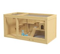PawHut Jaula para Mascotas Pequeñas de Madera, Incluye Accesorios y Bebedero, 100x50x50 cm, Natural Aosom España