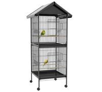 PawHut Jaula para Pájaros 2 en 1 Grande de 2 Pisos Convertible en Sola Jaula con Ruedas Comederos 4 Perchas 78x75x168 cm Negro Aosom España