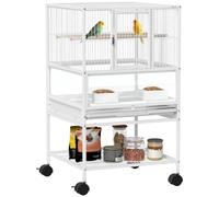 Pawhut Jaula para Pájaros 2 Niveles Loros Canarios 48x46x83 cm Blanco | Jaula Grande, Ruedas, Paneles Acrílicos, Comederos, Perchas, Estante, Bandejas Extraíbles, Pajarera