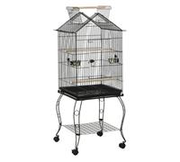 PawHut Jaula para Pájaros 50x58x145 cm Pajarera Metálica con 3 Puertas 2 Comederos 3 Perchas Bandeja Extraíble Estante Abierto y 4 Ruedas para Canarios Periquitos Negro
