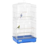 PawHut Jaula para Pájaros, Jaula de Acero para Pájaros con Puertas, 2 Comederos, 2 Perchas, Columpio, Bandeja Extraíble y Asa de Transporte, para Loro, Canario, Periquito, 46,5x36x59 cm, Azul