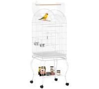 PawHut Jaula para Pájaros con Ruedas y Estante, 51x51x153 cm, Jaula Grande con Parte Superior Abatible, 2 Comederos, 2 Perchas, 4 Puertas y Bandeja Extraíble, para Loros y Canarios, Blanco