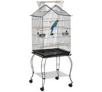 PawHut Jaula para Pájaros con 3 Puertas 2 Comederos 50x58x145 cm Negro | Pajarera Metálica, 3 Perchas, Bandeja Extraíble, Estante Abierto, 4 Ruedas, para Canarios Periquitos