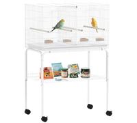 PawHut Jaula para Pájaros con Divisor 76x46x116 cm Pajarera con Ruedas 4 Comederos 4 Perchas y Bandeja Extraíble Jaula para Loros Canarios Periquitos Blanco