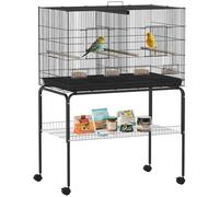 PawHut Jaula para Pájaros con Divisor Pajarera con Ruedas 4 Comederos 4 Perchas y Bandeja Extraíble Jaula para Loros Canarios Periquitos 94x57x128 cm Negro