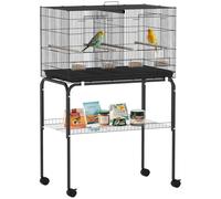 PawHut Jaula para Pájaros con Divisor Pajarera con Ruedas 4 Comederos 4 Perchas y Bandeja Extraíble Jaula para Loros Canarios Periquitos 76x46x116 cm Negro