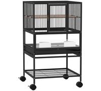 PawHut Jaula para Pájaros con Paneles Acrílicos Comederos Soporte Ruedas y Estante Inferior 48x46x83 cm Negro
