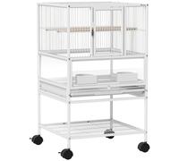 PawHut Jaula para Pájaros con Paneles Acrílicos Comederos Soporte Ruedas y Estante Inferior 48x46x83 cm Blanco