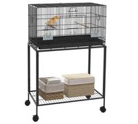 PawHut Jaula para Pájaros con Ruedas 77x46x119 cm Jaula Metálica para Aves con Bandeja Extraíble 2 Perchas 2 Comederos y Estante de Almacenamiento