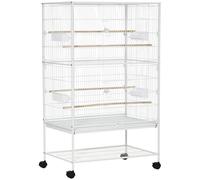 PawHut Jaula para Pájaros con Ruedas 78x52x132 cm con Bandeja Extraíble y Estante para Canarios Periquitos Blanco Aosom España