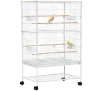 PawHut Jaula para Pájaros con Ruedas 78x52x132 cm Pajarera Metálica con Bandeja Extraíble 4 Puertas 4 Comederos 4 Perchas y Estante de Almacenaje para