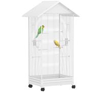 PawHut Jaula para Pájaros con Ruedas, 79x65x155 cm, Jaula Grande con 2 Comederos, 8 Perchas, 4 Puertas y Bandeja Extraíble, Diseño del Techo, Pajarera para Pinzones y Canarios, Blanco