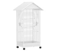 PawHut Jaula para Pájaros con Ruedas, 79x65x155 cm, Jaula Grande con 2 Comederos, 8 Perchas, 4 Puertas y Bandeja Extraíble, Diseño del Techo, Pajarera para Pinzones y Canarios, Blanco