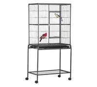 PawHut Jaula para Pájaros con Ruedas 81x48x162,5 cm Pajarera Metálico con Bandeja 4 Perchas 4 Comederos y Estante de Almacenamiento para Periquitos Canarios Negro y Gris