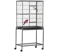 PawHut Jaula para Pájaros con Ruedas 81x48x162,5 cm Pajarera Metálico con Bandeja 4 Perchas 4 Comederos y Estante de Almacenamiento para Periquitos Canarios Negro y Gris