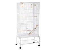 PawHut Jaula para Pájaros con Ruedas 83x53x180 cm Pajarera Metálica de 3 Niveles con 3 Perchas Comederos Juguetes Rampas y Estante de Almacenamiento para Canarios Periquitos Blanco