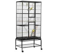 PawHut Jaula para Pájaros con Ruedas 83x53x180 cm Pajarera Metálica de 3 Niveles con 3 Perchas Comederos Juguetes Rampas y Estante de Almacenamiento