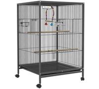 PawHut Jaula para Pájaros con Ruedas con Comederos Perchas Columpio Estante y Bandeja Extraíble 48x64x74 cm Gris