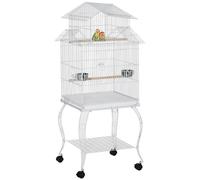PawHut Jaula para Pájaros con Ruedas Jaula Grande con Soporte Pajarera con Bandeja Extraíble Puertas Comederos Perchas y Estante Inferior para Cacatúa NINFA Cotorra del Sol 50x49x137 cm Blanco