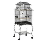 PawHut Jaula para Pájaros con Ruedas Jaula Grande con Soporte Pajarera con Bandeja Extraíble Puertas Comederos Perchas y Estante Inferior para Cacatúa NINFA Cotorra del Sol 50x49x137 cm Negro