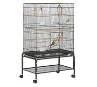 PawHut Jaula para Pájaros con Ruedas 79x49x133 cm Pajarera Metálico con 4 Comederos 3 Perchas Juguetes para Periquitos Negro Aosom España