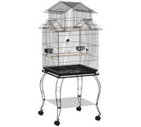 PawHut Jaula para Pájaros con Ruedas Jaula Grande con Soporte Pajarera con Bandeja Extraíble Puertas Comederos Perchas y Estante Inferior para Cacatúa NINFA Cotorra del Sol 50x49x137 cm Negro