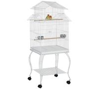 PawHut Jaula para Pájaros con Ruedas Jaula Grande con Soporte Pajarera con Bandeja Extraíble Puertas Comederos Perchas y Estante Inferior para Cacatúa NINFA Cotorra del Sol 50x49x137 cm Blanco
