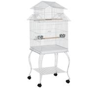 PawHut Jaula para Pájaros con Ruedas Jaula Grande con Soporte Pajarera con Bandeja Extraíble Puertas Comederos Perchas y Estante Inferior para Cacatúa NINFA Cotorra del Sol 50x49x137 cm Blanco