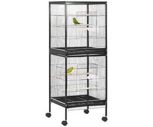 PawHut Jaula para Pájaros con Ruedas Jaula Grande de 2 Niveles Pajarera con Bandejas Extraíbles Puertas Comederos Perchas para Canarios Periquitos 51,5x50x140 cm Negro