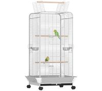 PawHut Jaula para Pájaros con Ruedas Jaula para Loros Bandeja Desmontable y Perchas Comederos Pajarera para Cotorras Cacatúas 79x73x146 cm Gris Claro