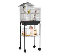 PawHut Jaula para Pájaros con Ruedas Pajarera con Cesta Múltiples Puertas 2 Comederos 2 Perchas Columpio Escaleras y Bandeja Extraíble para Loros Canarios Periquitos 46x36x120 cm Negro
