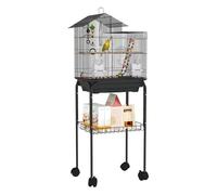 PawHut Jaula para Pájaros con Ruedas Pajarera con Cesta Múltiples Puertas 2 Comederos 2 Perchas Columpio Escaleras y Bandeja Extraíble para Loros Canarios Periquitos 46x36x120 cm Negro