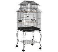 PawHut Jaula para Pájaros con Ruedas Pajarera con Soporte y Estante para Canarios Periquitos 50x49x137 cm Negro