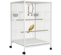 PawHut Jaula para Pájaros con Ruedas, Pajarera de Acero con Perchas, Columpio Bandeja Extraíble y Cuencos de Acero Inoxidable, Jaula Grande para Loros, Canario, Periquito, 48x46x78 cm, Blanco