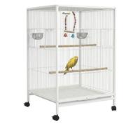 PawHut Jaula para Pájaros con Ruedas, Pajarera de Acero con Perchas, Columpio Bandeja Extraíble y Cuencos de Acero Inoxidable, Jaula Grande para Loros, Canario, Periquito, 48x46x78 cm, Blanco