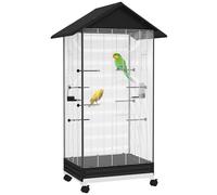 PawHut Jaula para Pájaros con Ruedas Pajarera Metálica con Bandeja Extraíble 4 Puertas 2 Comedores 8 Perchas para Canarios Periquitos 79x65x155 cm Negro