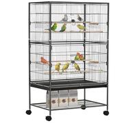 PawHut Jaula para Pájaros con Ruedas Pajarera Metálica con Bandeja Extraíble 4 Puertas 4 Comederos 4 Perchas y Estante de Almacenaje Jaula para