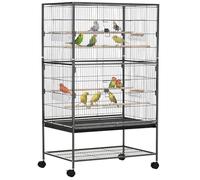 PawHut Jaula para Pájaros con Ruedas Pajarera Metálica con Bandeja Extraíble 4 Puertas 4 Comederos 4 Perchas y Estante de Almacenaje Jaula para Canarios Periquitos 78x52x132 cm Gris Oscuro