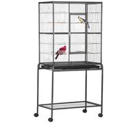 PawHut Jaula para Pájaros con Ruedas Pajarera Metálica con Perchas Comederos y Estante 81x48x162,5 cm Negro y Gris Black and gray 81x48x162.5 cm