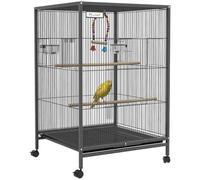 PawHut Jaula para Pájaros con Ruedas, Perchas, Loros, 48x46x78 cm, Gris | Pajarera de Acero, Columpio, Bandeja Extraíble, Cuencos de Acero Inoxidable, Jaula Grande, Canario, Periquito