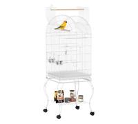 PawHut Jaula para Pájaros con Ruedas y Estante, 51x51x153 cm, Jaula Grande con Parte Superior Abatible, 2 Comederos, 2 Perchas, 4 Puertas y Bandeja Extraíble, para Loros y Canarios, Blanco