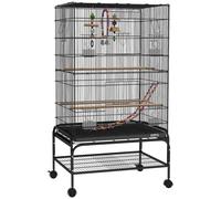 PawHut Jaula para Pájaros con Zona de Juegos, Ruedas, Bandeja Extraíble y Estante, 64x45x110 cm, Negro Aosom España