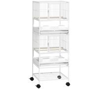 PawHut Jaula para Pájaros de 2 Niveles con Paneles Acrílicos Comederos Perchas Ruedas y Estante Inferior 48x46x134,5 cm Blanco